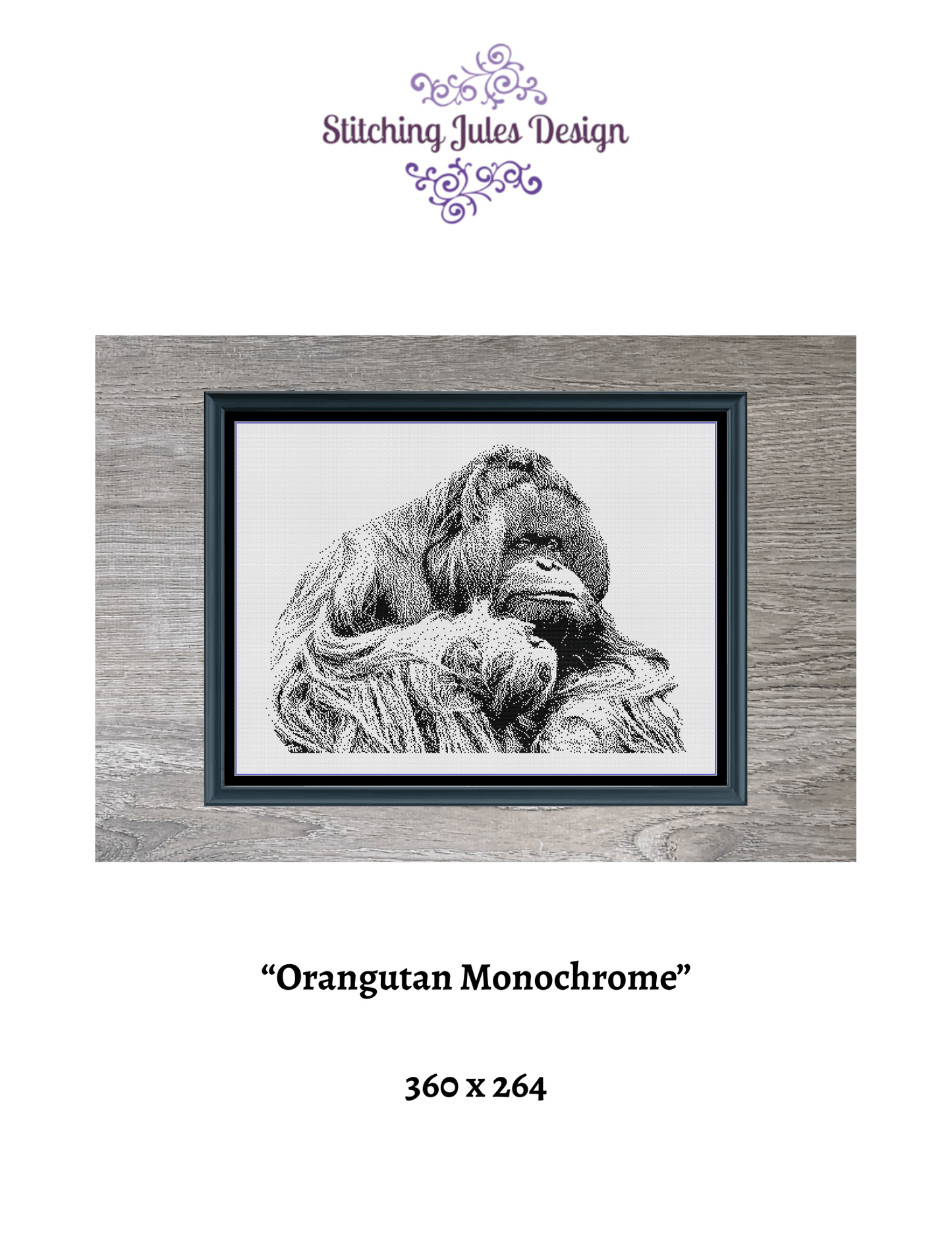 Stitching Jules Design Cross Stitch Pattern Orangutan Animal Monochrome Counted Cross-Stitch Pattern (Digital Download)