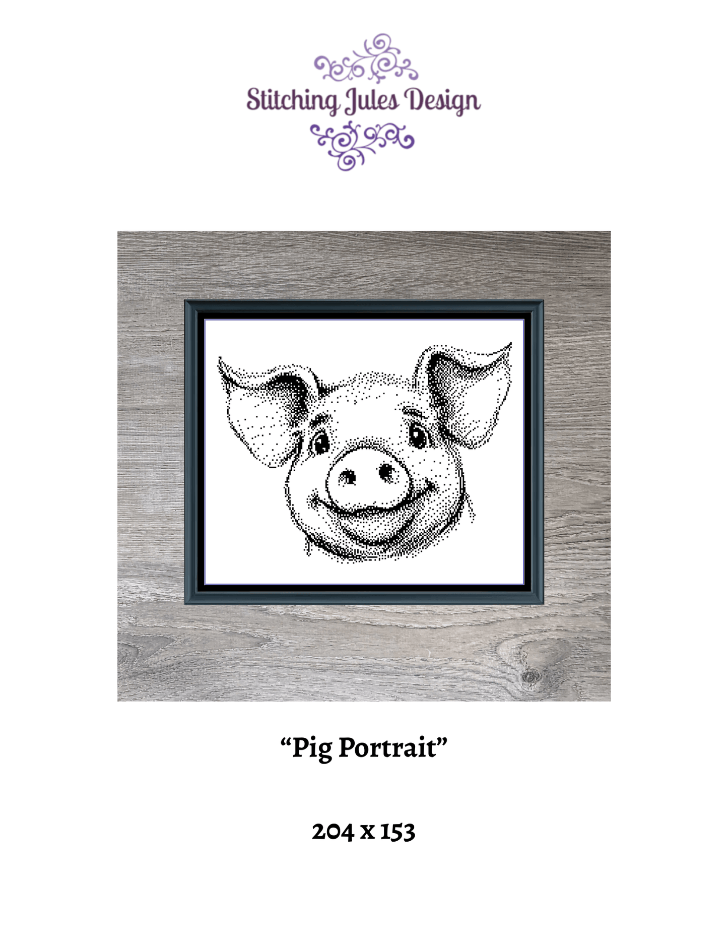 Stitching Jules Design Cross Stitch Pattern Pig Barnyard Animal Portrait Monochrome Counted Cross-Stitch Pattern (Digital Download)