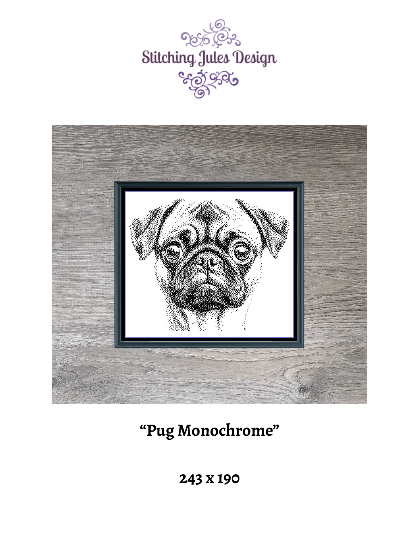 Stitching Jules Design Cross Stitch Pattern Pug Dog Breed Monochrome Counted Cross-Stitch Pattern (Digital Download)