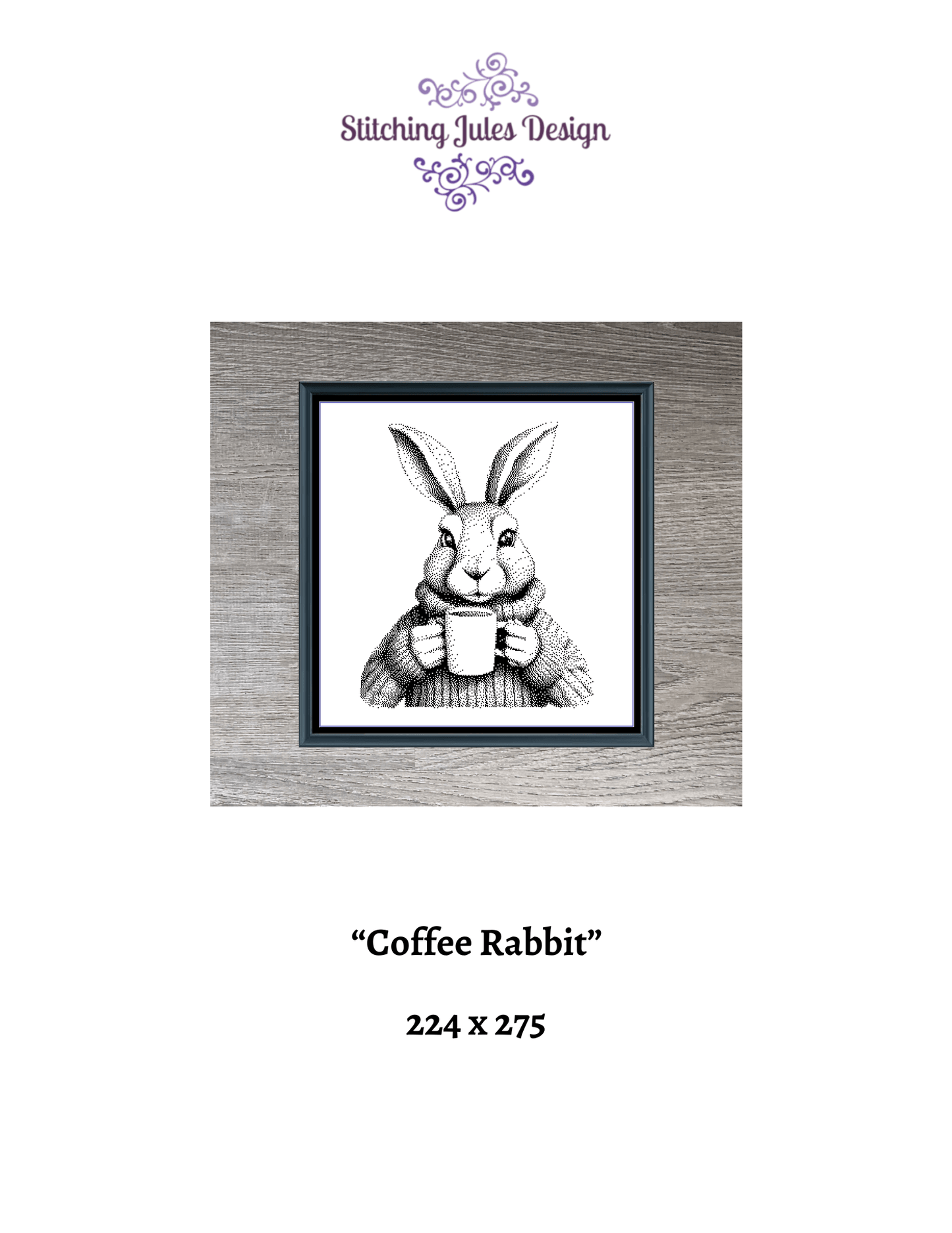 Stitching Jules Design Cross Stitch Pattern Rabbit Animal Coffee Cute Funny Monochrome Counted Cross Stitch Pattern Digital Download