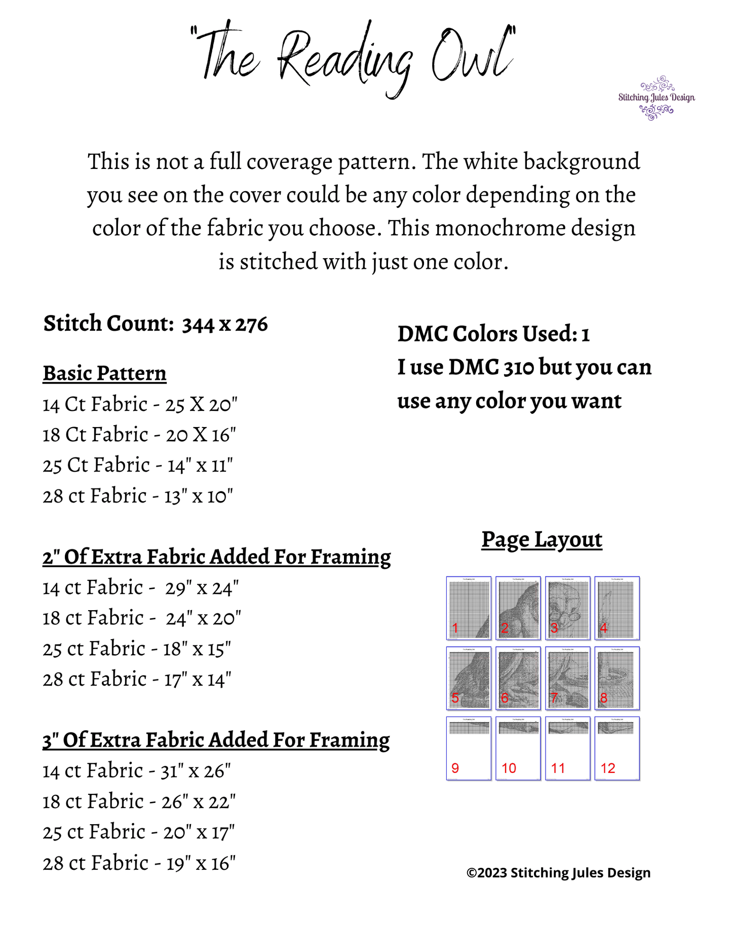 Stitching Jules Design Cross Stitch Pattern Reading Owl Cross Stitch Pattern | Book Cross Stitch Pattern | Blackwork | Instant PDF Download And Physical Pattern Options