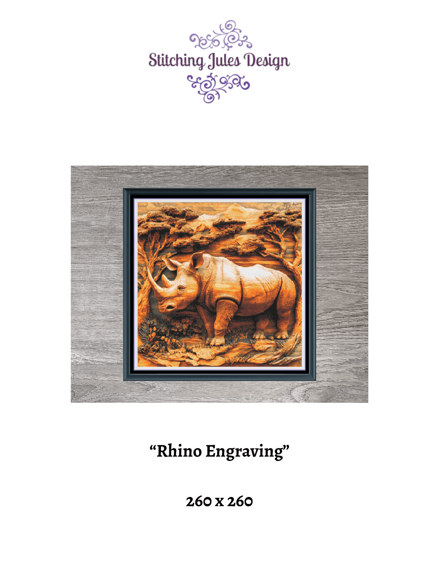 Stitching Jules Design Cross Stitch Pattern Rhino Rhinoceros Animal Africa Full Coverage Counted Cross-Stitch Pattern (Digital Download)