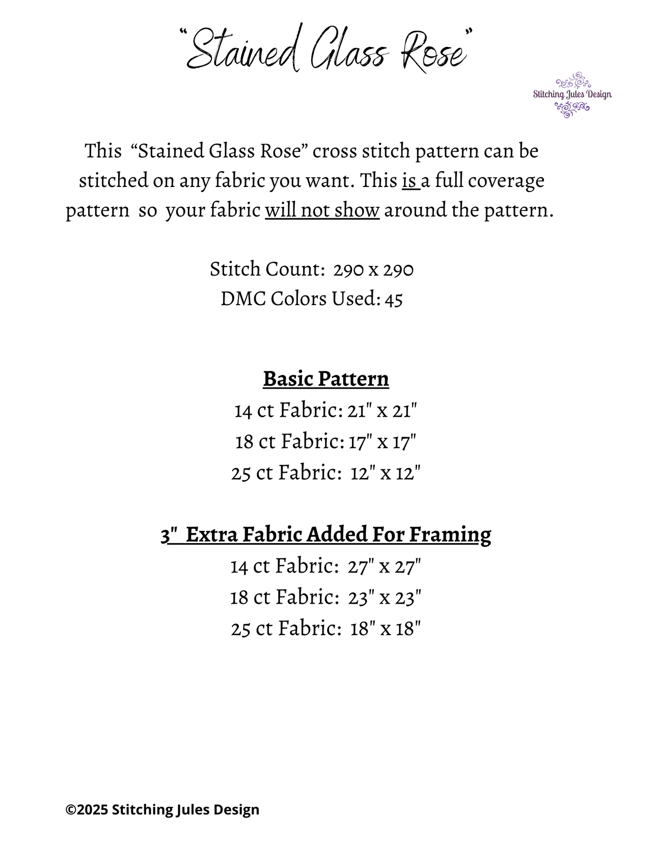 Stitching Jules Design Cross Stitch Pattern Rose Flower Floral Stained Glass Full Coverage Counted Cross Stitch Pattern Digital Download