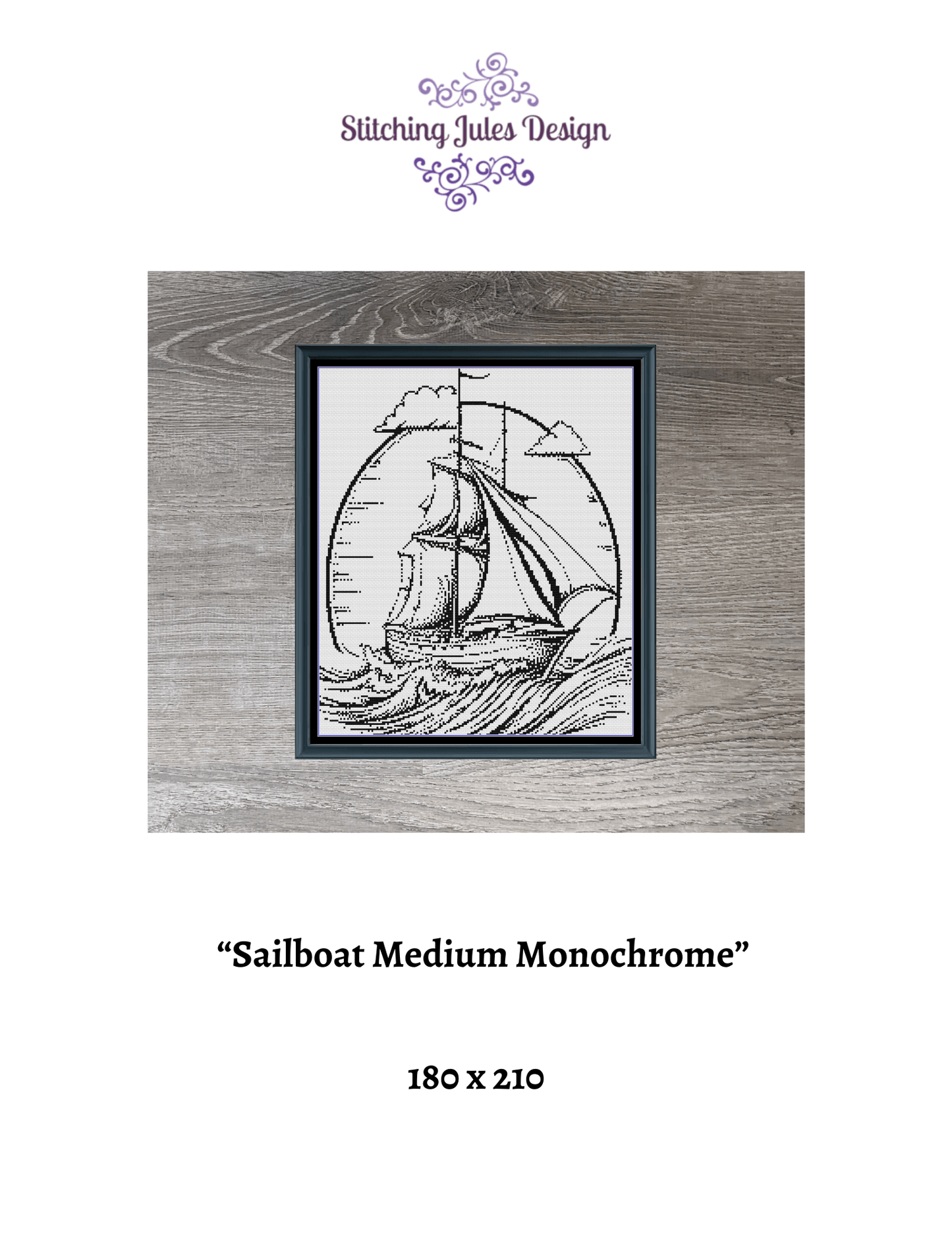 Stitching Jules Design Cross Stitch Pattern Sailboat Medium Monochrome