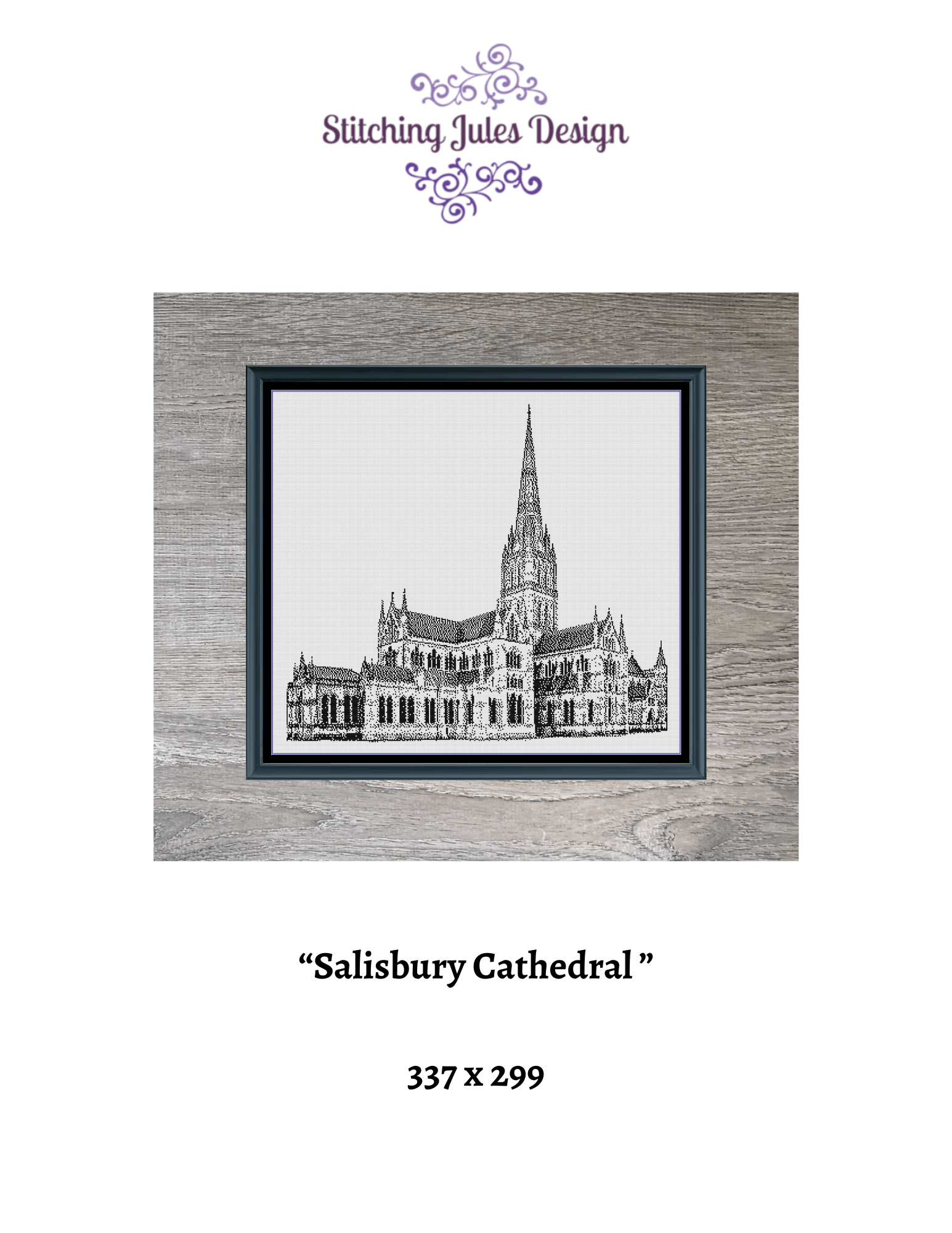 Stitching Jules Design Cross Stitch Pattern Salisbury Cathedral UK Architecture Monochrome Counted Cross-Stitch Pattern (Digital Download)