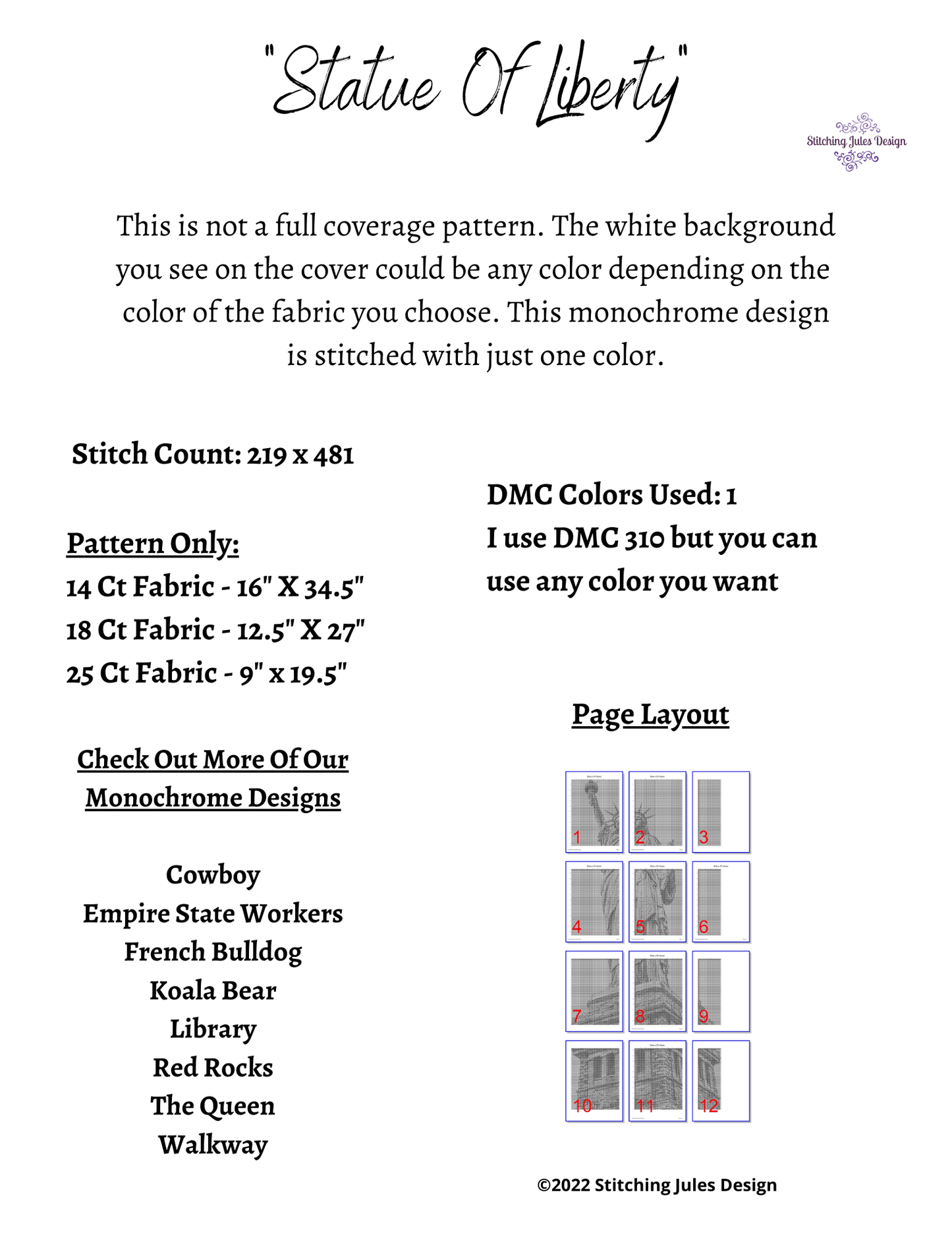 Stitching Jules Design Cross Stitch Pattern Statue Of Liberty NYC Americana Icon Monochrome Black White Counted Cross Stitch Pattern PDF Digital Download Pattern Keeper Ready