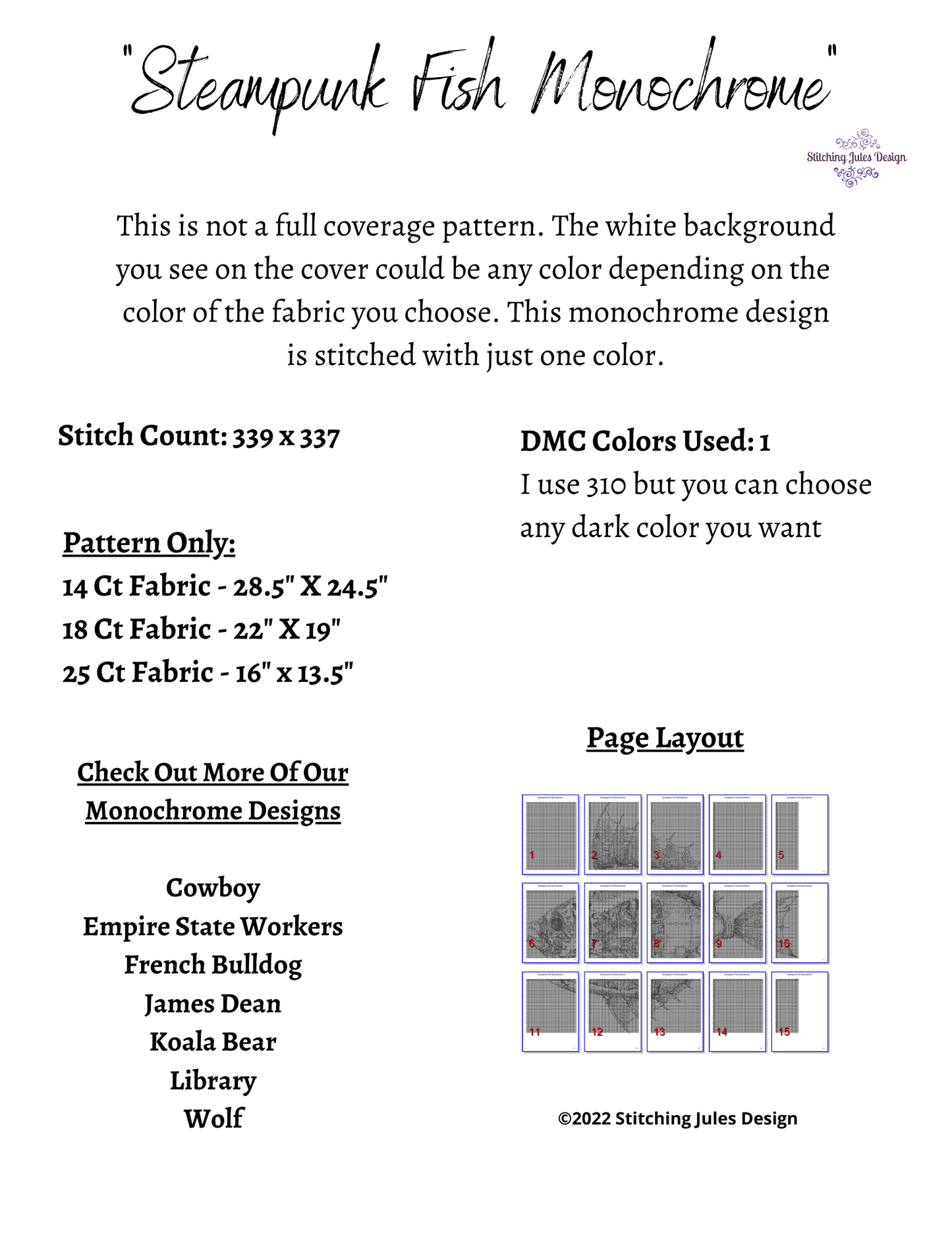 Stitching Jules Design Cross Stitch Pattern Steampunk Fish Monochrome Cross Stitch Pattern Instant PDF Download