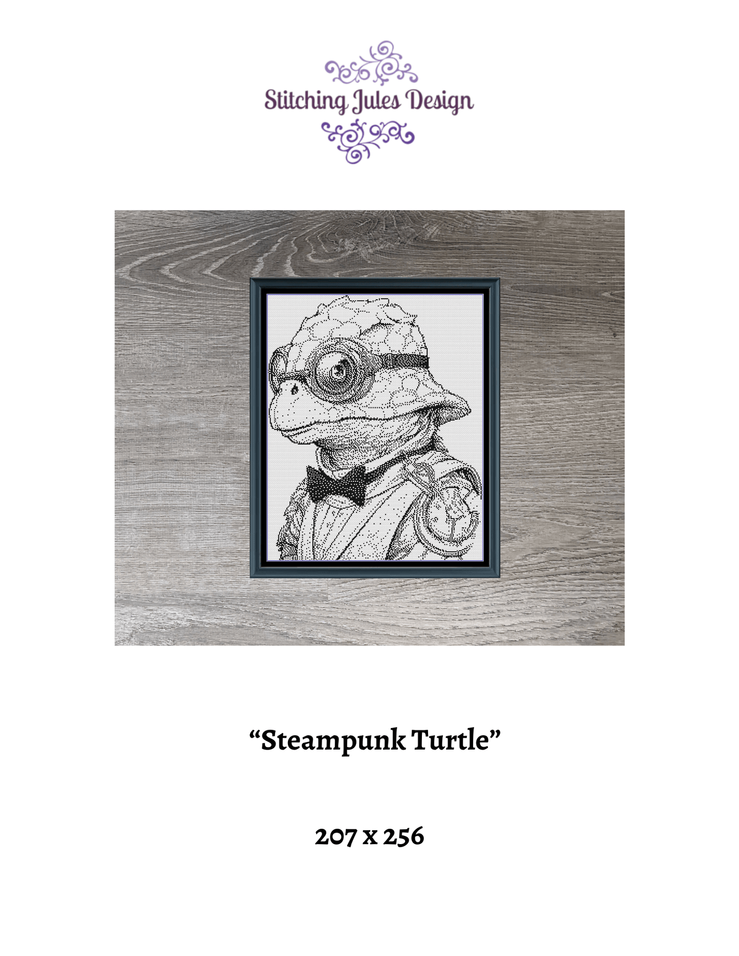 Stitching Jules Design Cross Stitch Pattern Steampunk Turtle Counted Cross-Stitch Monochrome Pattern | Instant Download PDF