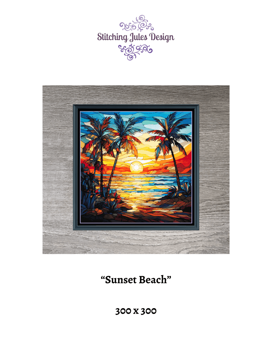 Stitching Jules Design Cross Stitch Pattern Sunset Beach Tropical Island Stained Glass Full Coverage Counted Cross Stitch Pattern Digital Download