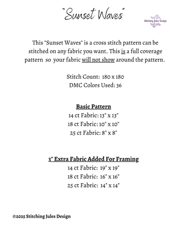 Stitching Jules Design Cross Stitch Pattern Sunset Ocean Waves Stained Glass Full Coverage Counted Cross Stitch Pattern