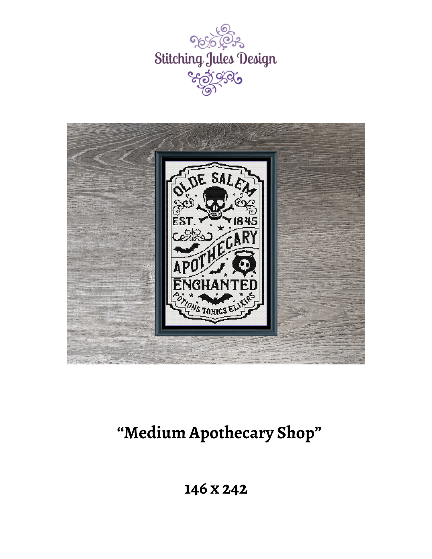 Stitching Jules Design Cross Stitch Pattern Vintage Apothecary Shop Sign Medium Monochrome Counted Cross-Stitch Pattern | Instant Download PDF