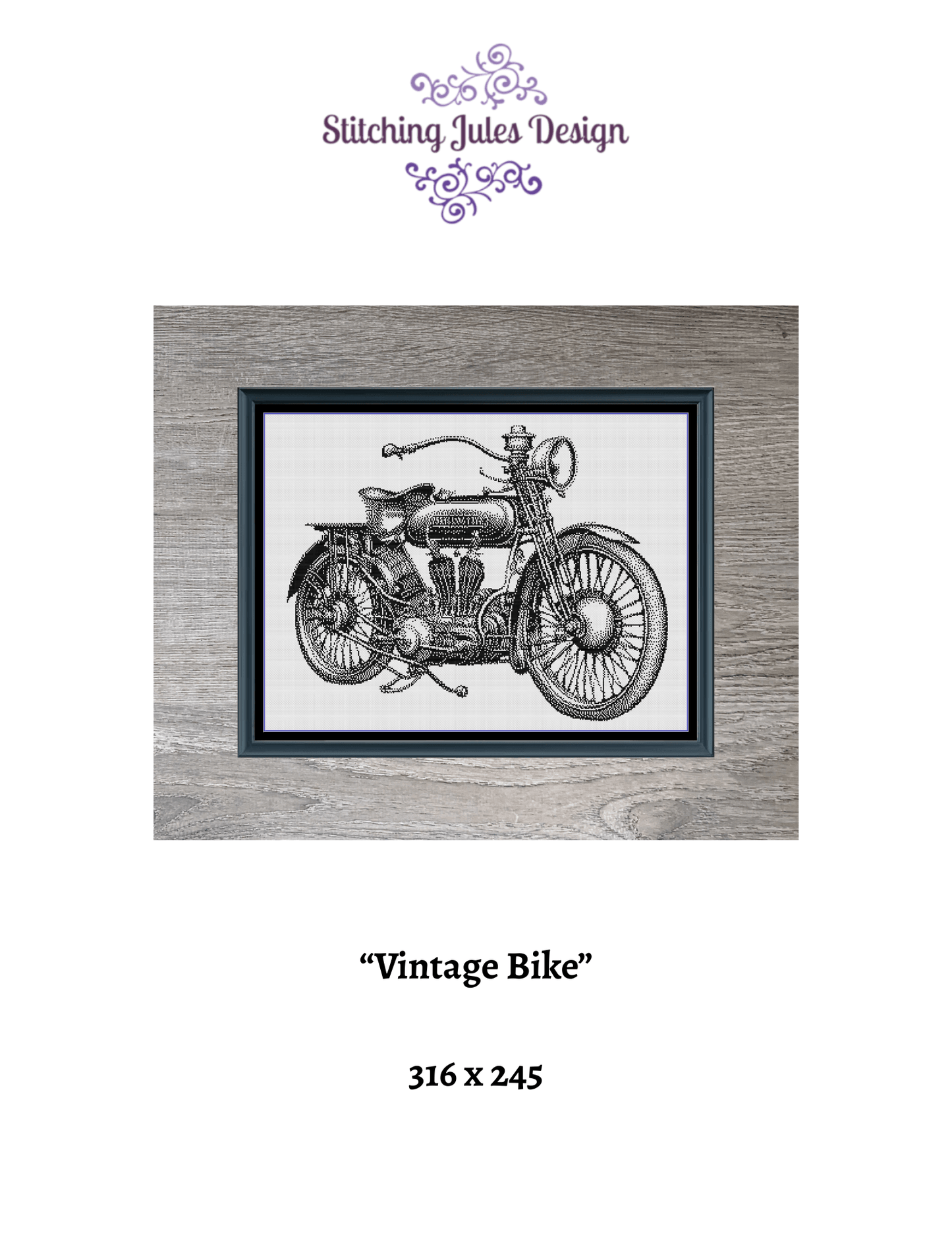 Stitching Jules Design Cross Stitch Pattern Vintage Motorcycle Bike Monochrome Counted Cross Stitch Pattern (Digital Download)