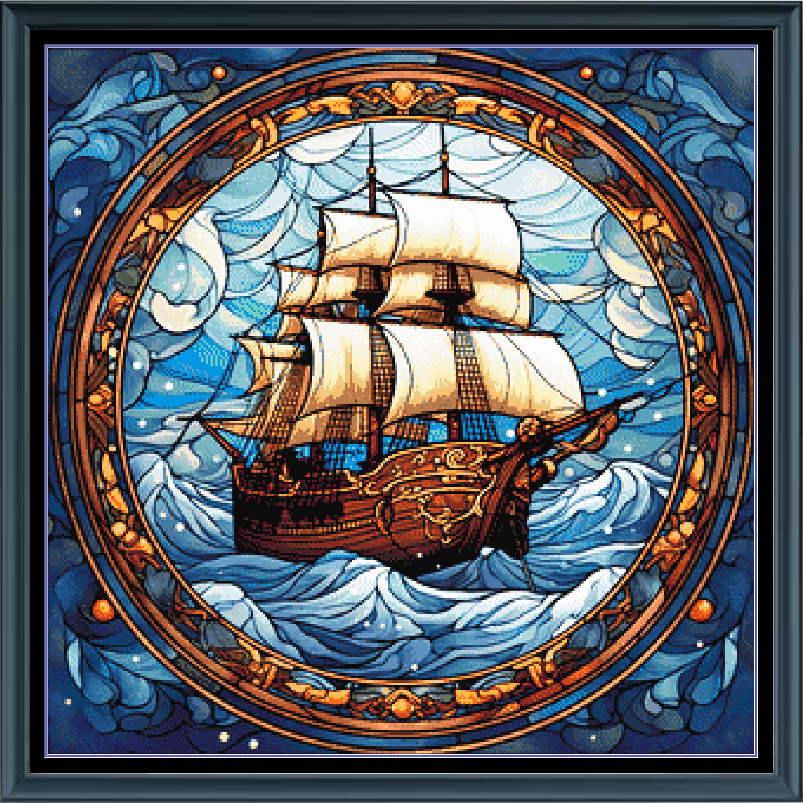 Stitching Jules Design Cross Stitch Pattern Vintage Sailing Ship Pirate Ocean Stained Glass Style Full Coverage Pattern Keeper Counted Cross Stitch Digital Download