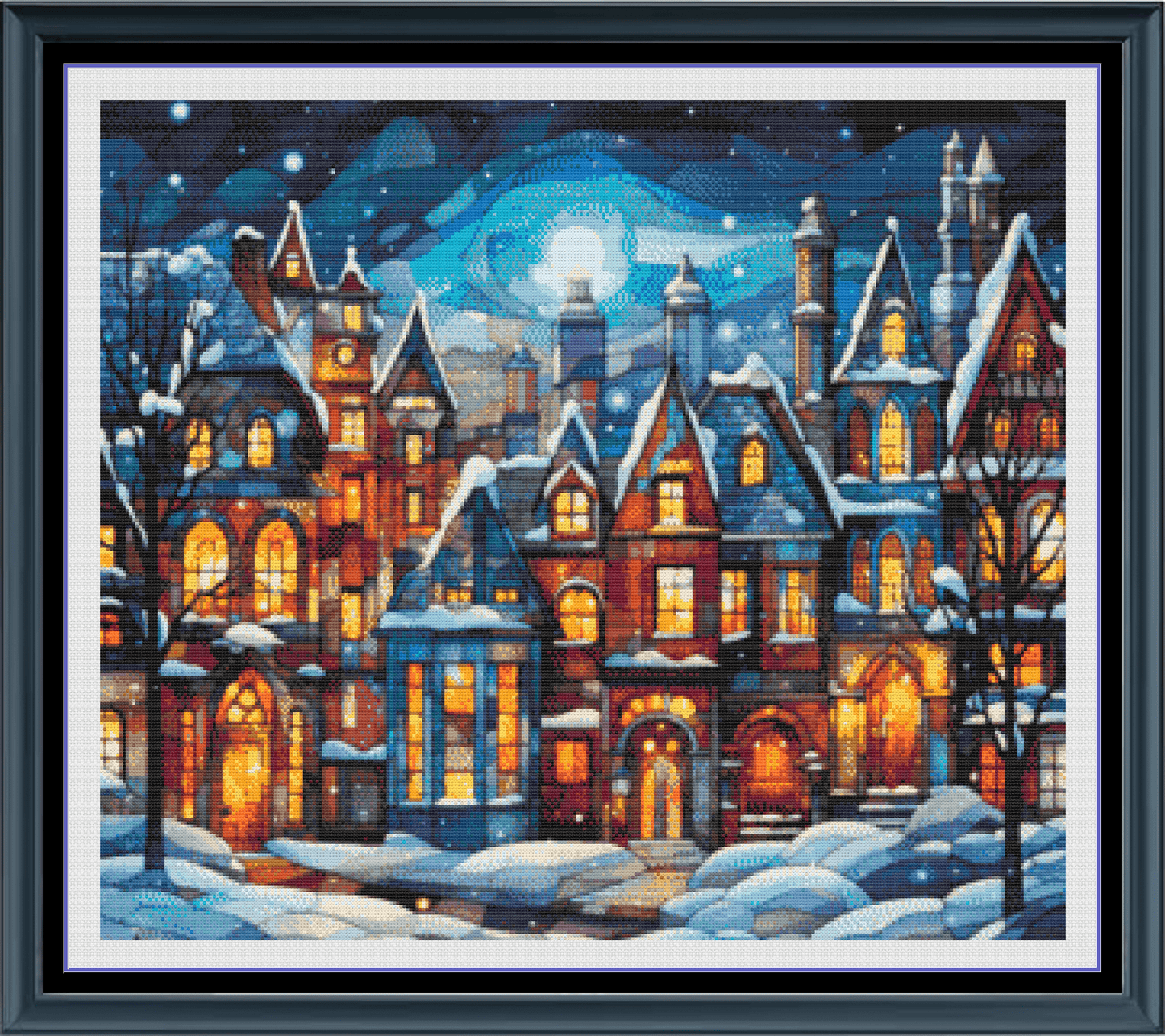 Stitching Jules Design Cross Stitch Pattern Winter Town Village Stained Glass Full Coverage Counted Cross-Stitch Pattern (Digital Download)