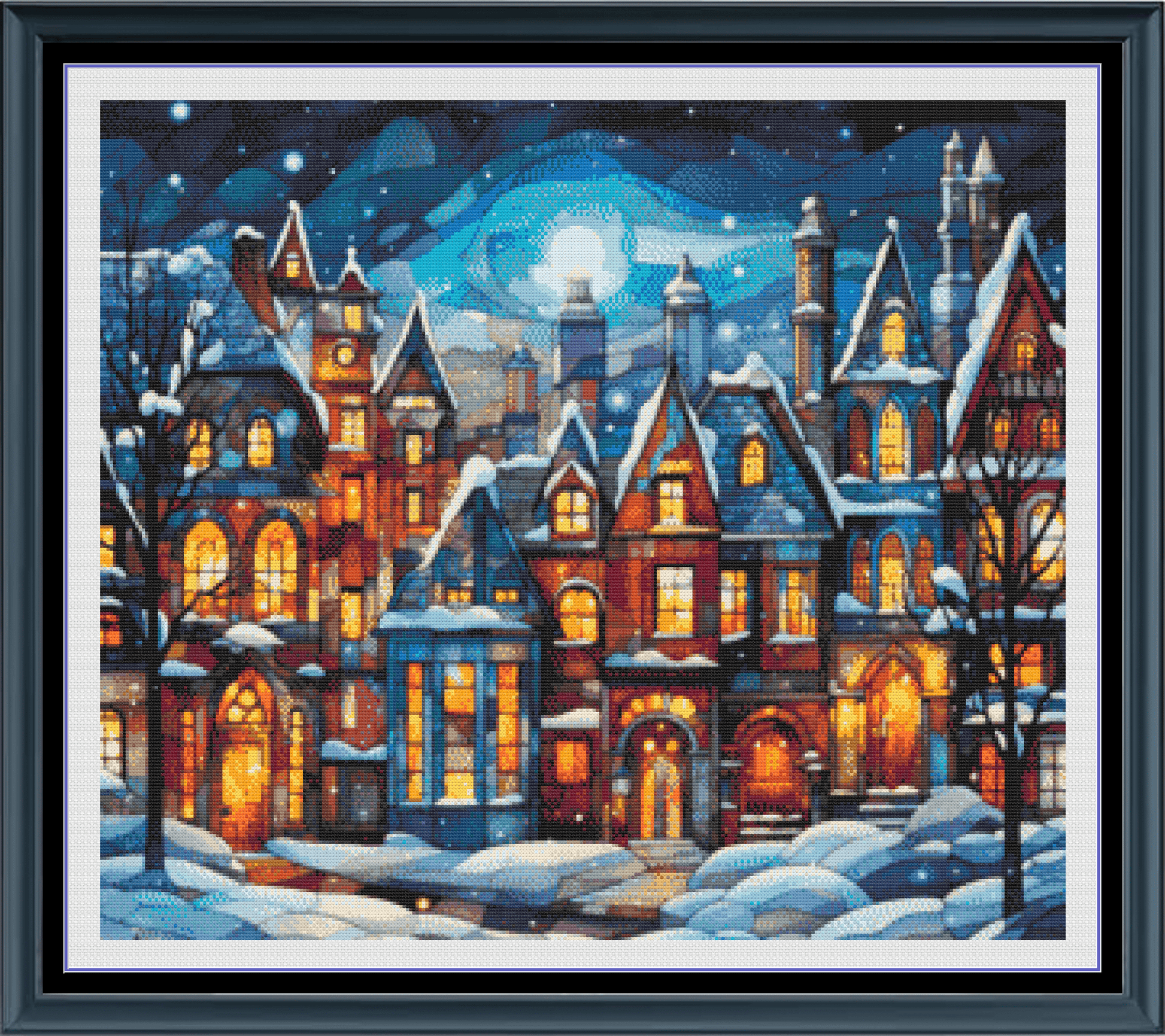 Stitching Jules Design Cross Stitch Pattern Winter Town Village Stained Glass Full Coverage Counted Cross-Stitch Pattern (Digital Download)