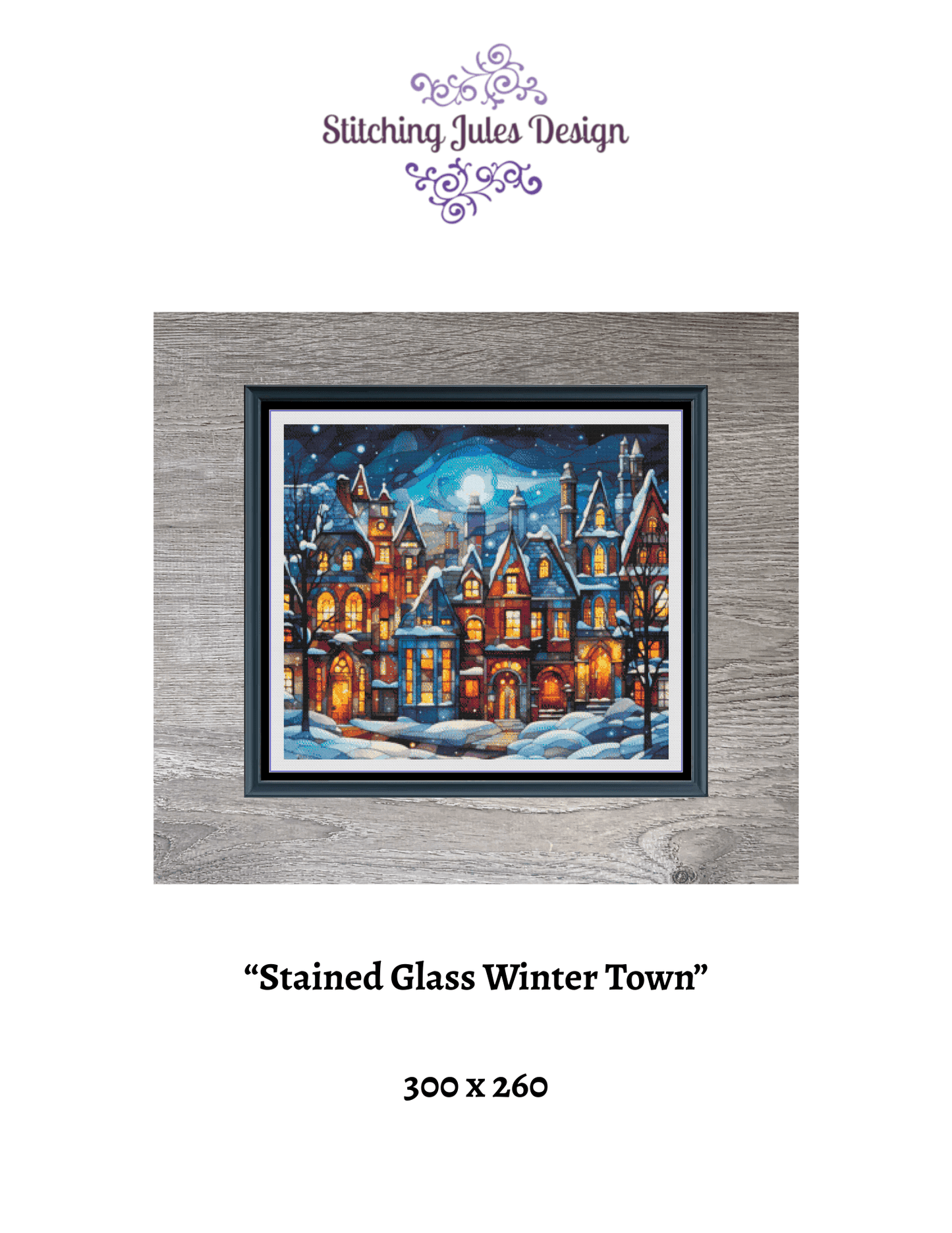 Stitching Jules Design Cross Stitch Pattern Winter Town Village Stained Glass Full Coverage Counted Cross-Stitch Pattern (Digital Download)