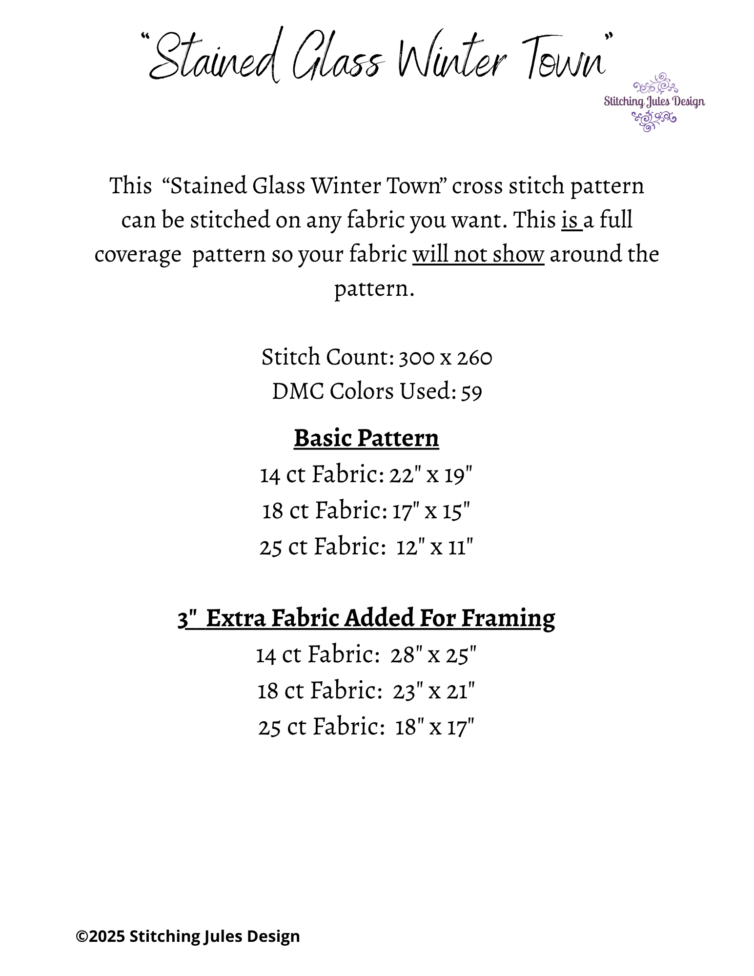 Stitching Jules Design Cross Stitch Pattern Winter Town Village Stained Glass Full Coverage Counted Cross-Stitch Pattern (Digital Download)