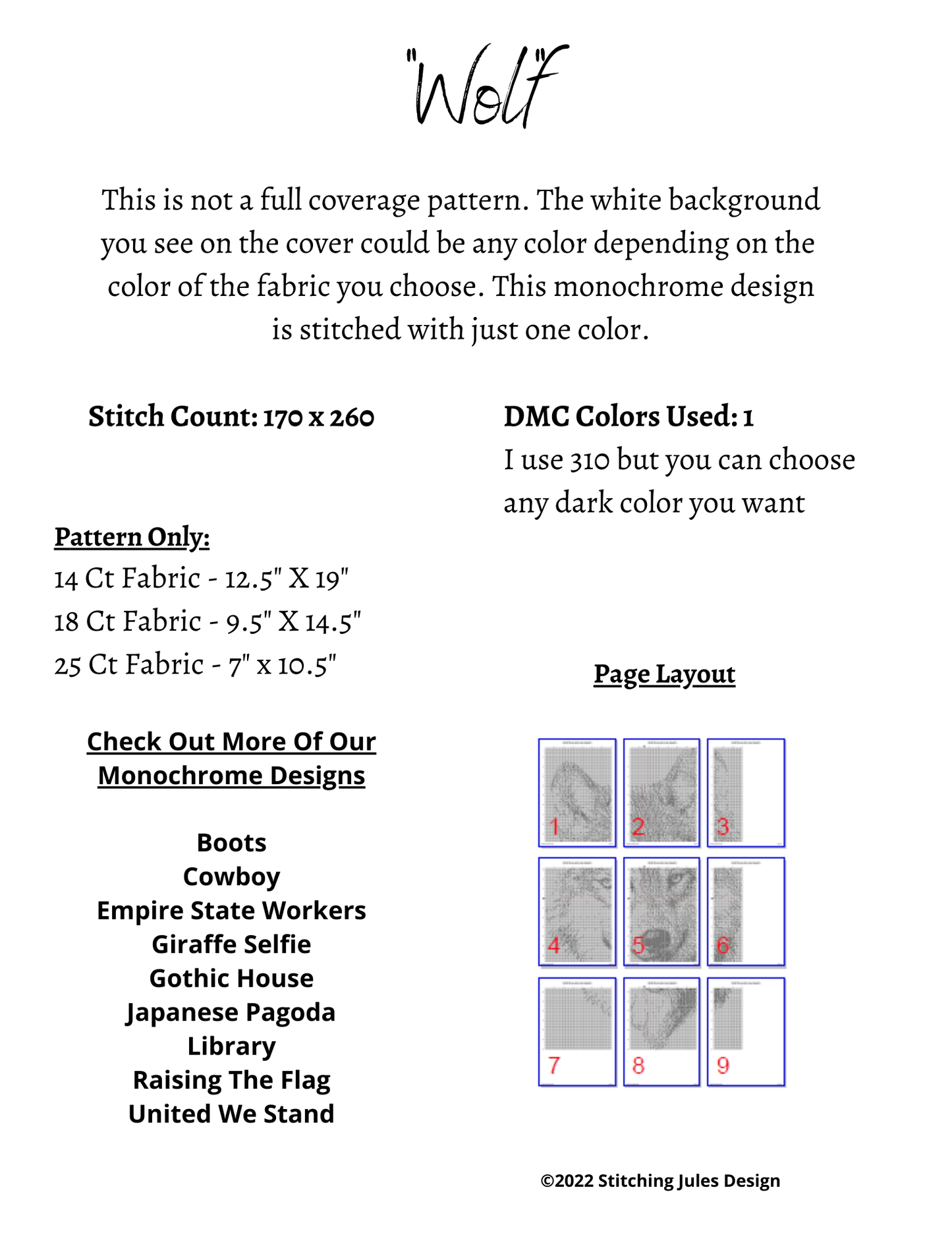 Stitching Jules Design Cross Stitch Pattern Wolf Monochromatic Cross Stitch Digital Downloadable Pattern