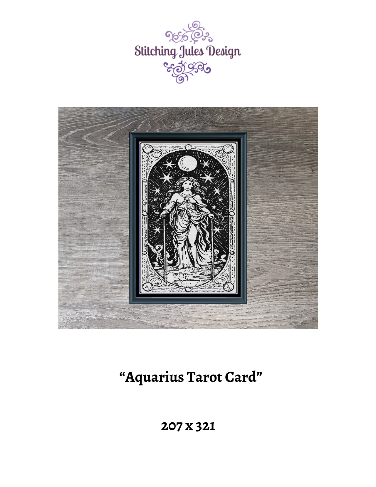 Aquarius Tarot Card Counted Cross Stitch Pattern | Astrology Zodiac | Monochrome Blackwork | Instant Download PDF
