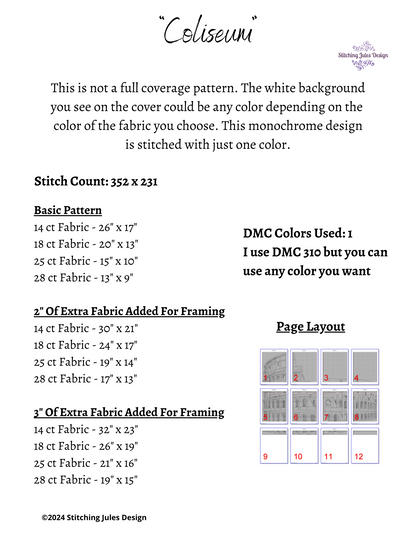Ancient Rome Coliseum Italy Counted Cross Stitch Pattern | Monochrome Blackwork | Instant Download PDF