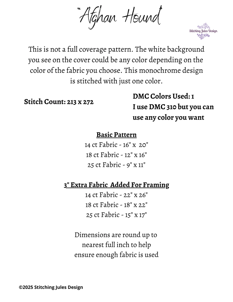 Stitching Jules Design Cross Stitch Pattern Afghan Hound Dog Canine Breed Monochrome Counted Cross Stitch Pattern Digital Download