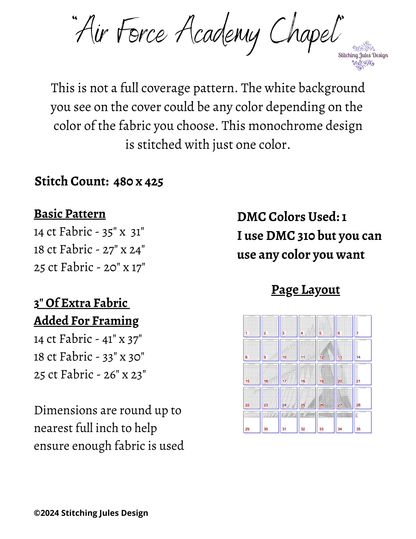 Stitching Jules Design Cross Stitch Pattern Air Force Acadmy Chapel Military USAF Monochrome Blackwork Counted Cross Stitch Pattern Digital Download