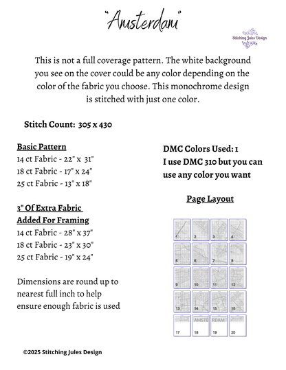 Stitching Jules Design Cross Stitch Pattern Amsterdam Netherlands Europe City Map Monochrome Blackwork Counted Cross Stitch Pattern Digital Download