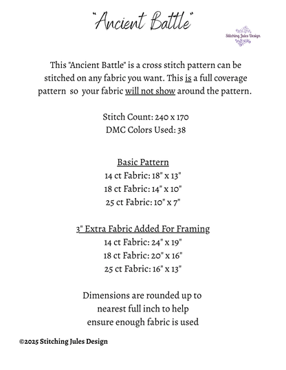 Stitching Jules Design Cross Stitch Pattern Ancient Greek Roman Battle Warrior Full Coverage Counted Cross-Stitch Pattern (Digital Download)