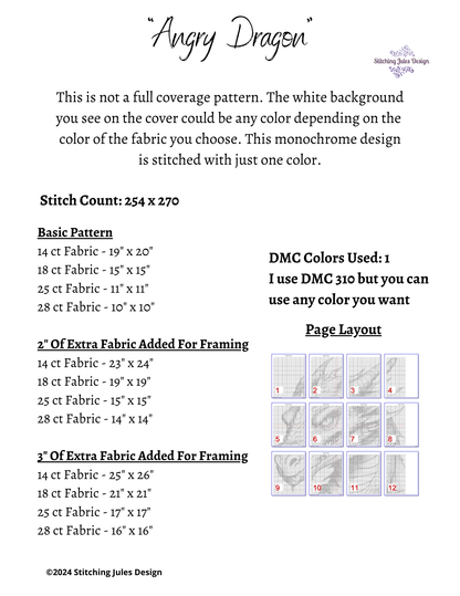 Stitching Jules Design Cross Stitch Pattern Angry Dragon Monochrome