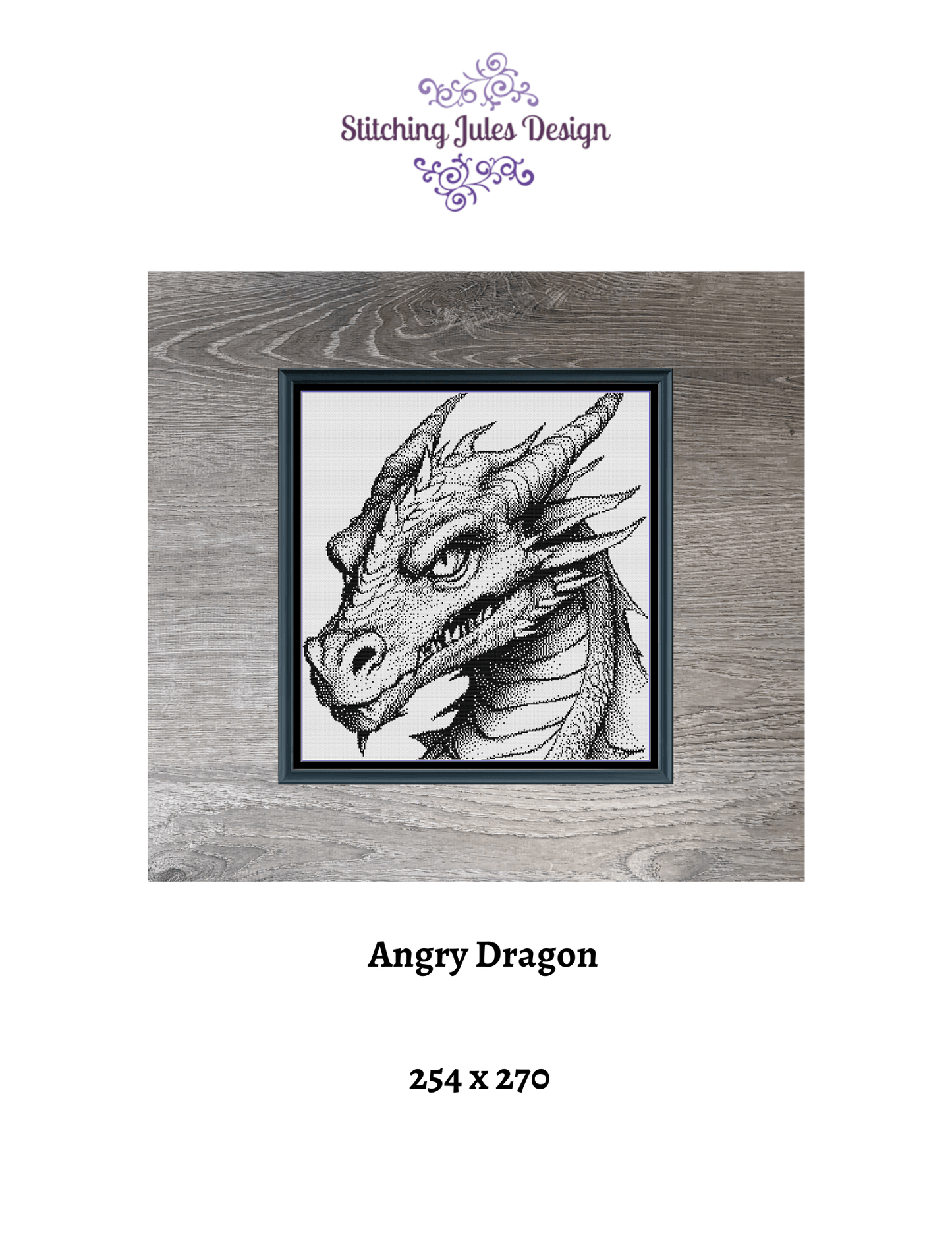 Stitching Jules Design Cross Stitch Pattern Angry Dragon Monochrome