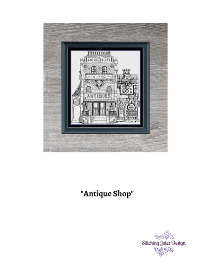 Stitching Jules Design Cross Stitch Pattern Antique Shop Cross Stitch Pattern | Vintage Cross Stitch Pattern | Blackwork Cross Stitch Pattern | Digital PDF Download