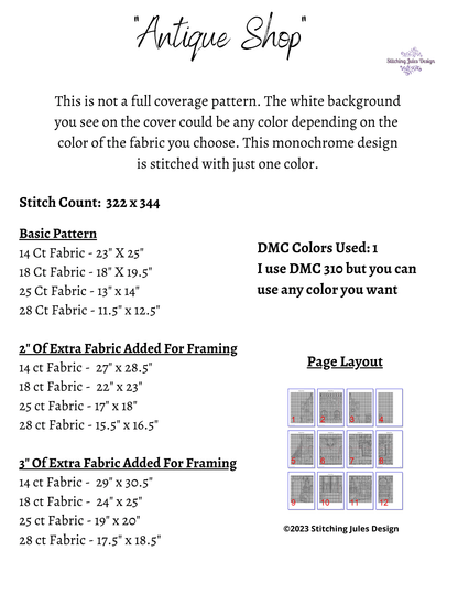 Stitching Jules Design Cross Stitch Pattern Antique Shop Cross Stitch Pattern | Vintage Cross Stitch Pattern | Blackwork Cross Stitch Pattern | Digital PDF Download