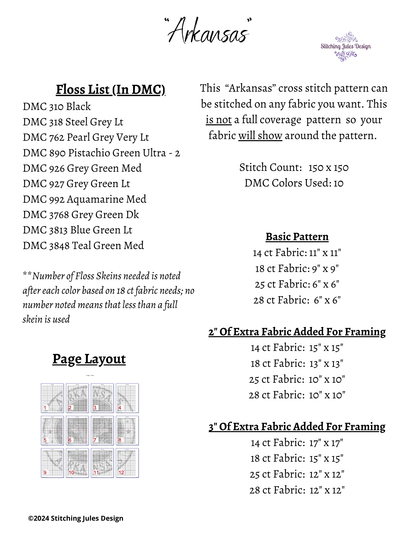 Stitching Jules Design Cross Stitch Pattern Arkansas Ozarks Little Rock US State Counted Cross Stitch Pattern | Instant Download PDF