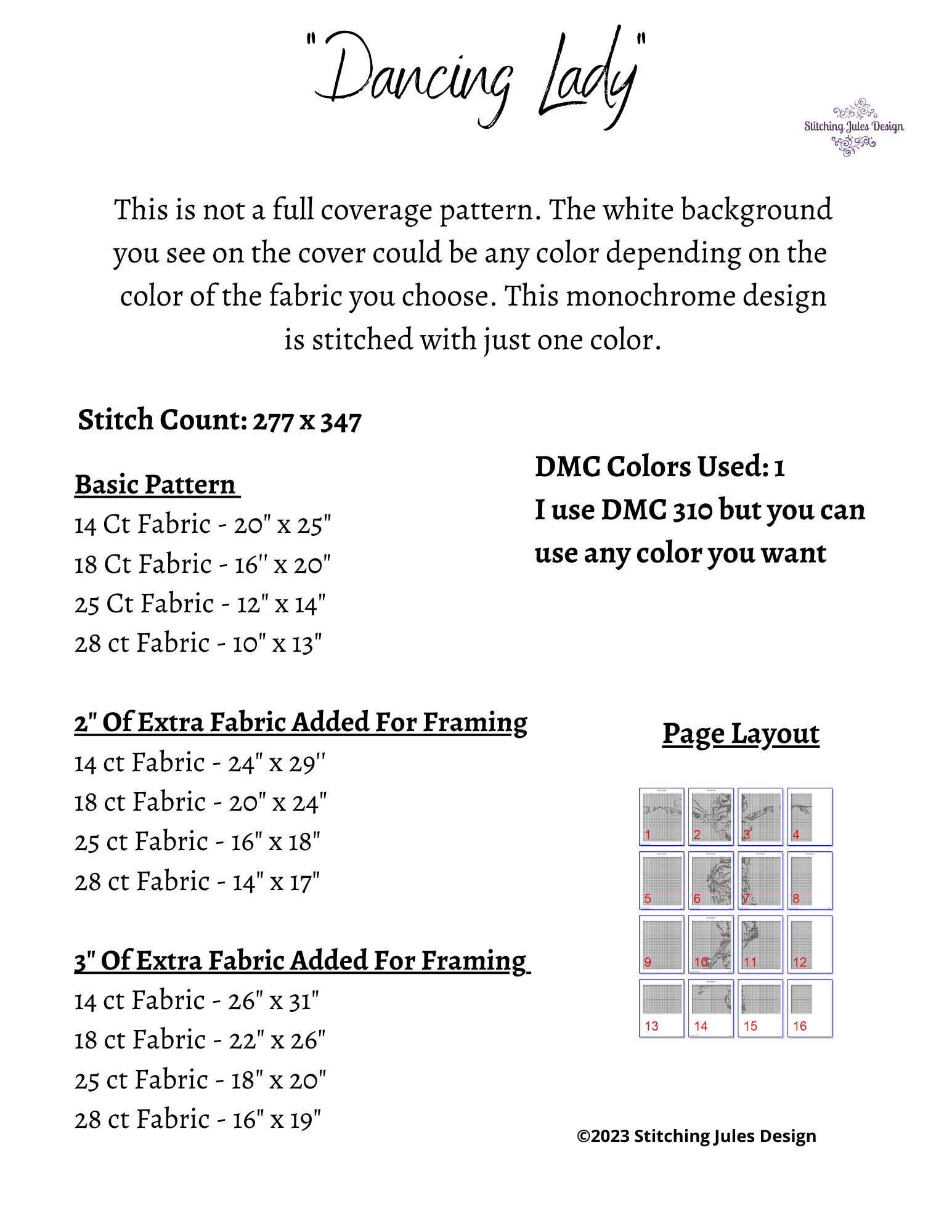 Stitching Jules Design Cross Stitch Pattern Artistic Dancing Lady Cross Stitch Pattern | Monochrome | Instant PDF Download