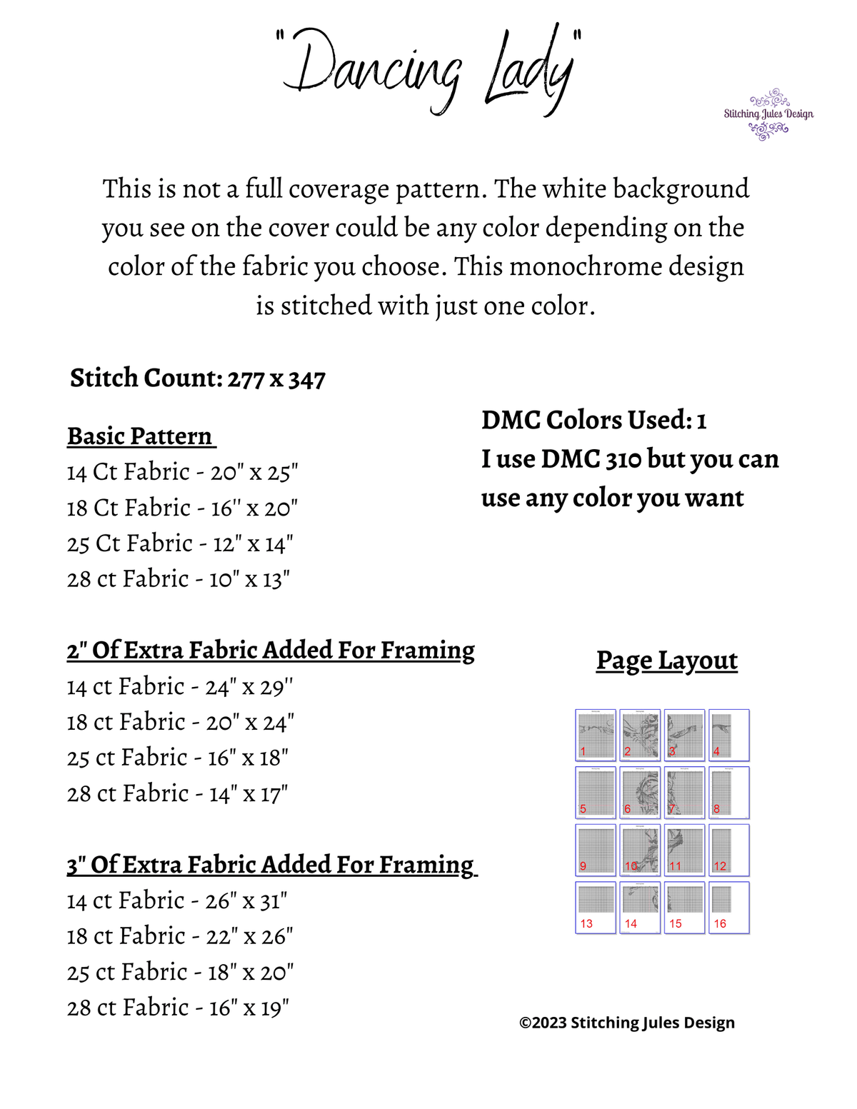 Stitching Jules Design Cross Stitch Pattern Artistic Dancing Lady Cross Stitch Pattern | Monochrome | Instant PDF Download