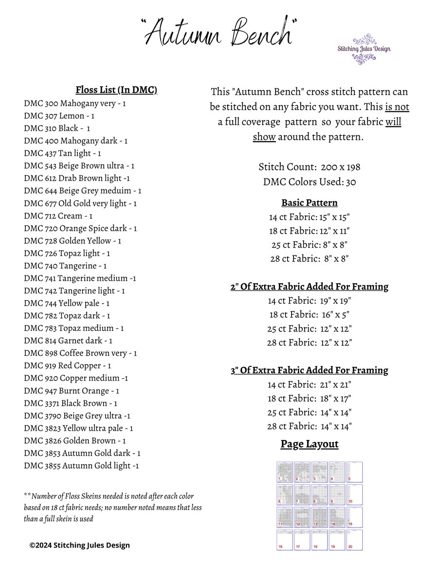 Stitching Jules Design Cross Stitch Pattern Autumn Bench
