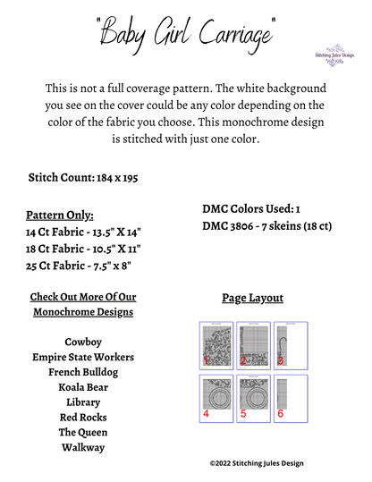 Stitching Jules Design Cross Stitch Pattern Baby Girl Carriage Daughter Monochrome Cross Stitch Needlepoint Embroidery Pattern - Instant Download - Pattern Keeper Ready