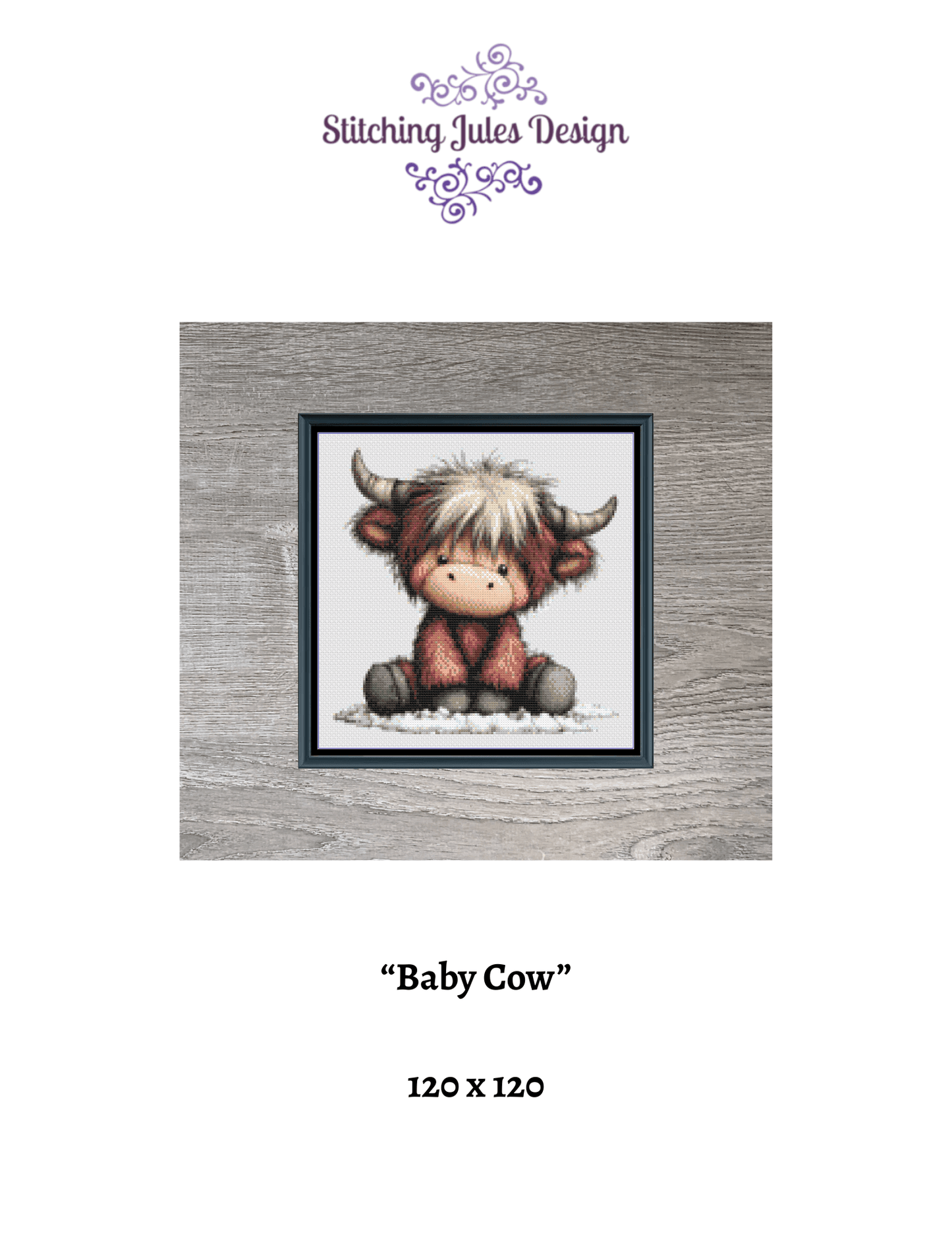 Stitching Jules Design Cross Stitch Pattern Baby Highland Cow Animal Cute Small Counted Cross-Stitch Pattern (Digital Download)
