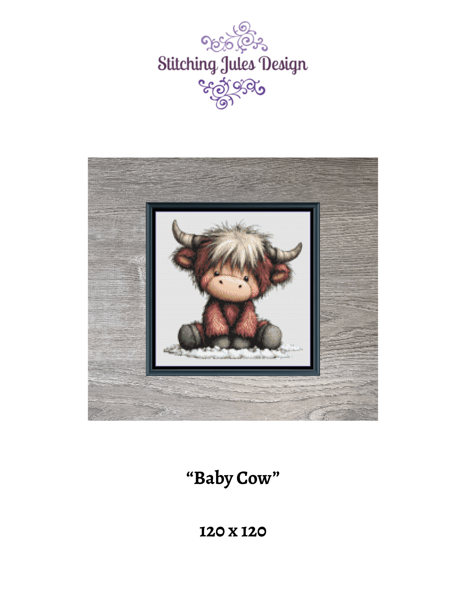 Stitching Jules Design Cross Stitch Pattern Baby Highland Cow Animal Cute Small Counted Cross-Stitch Pattern (Digital Download)