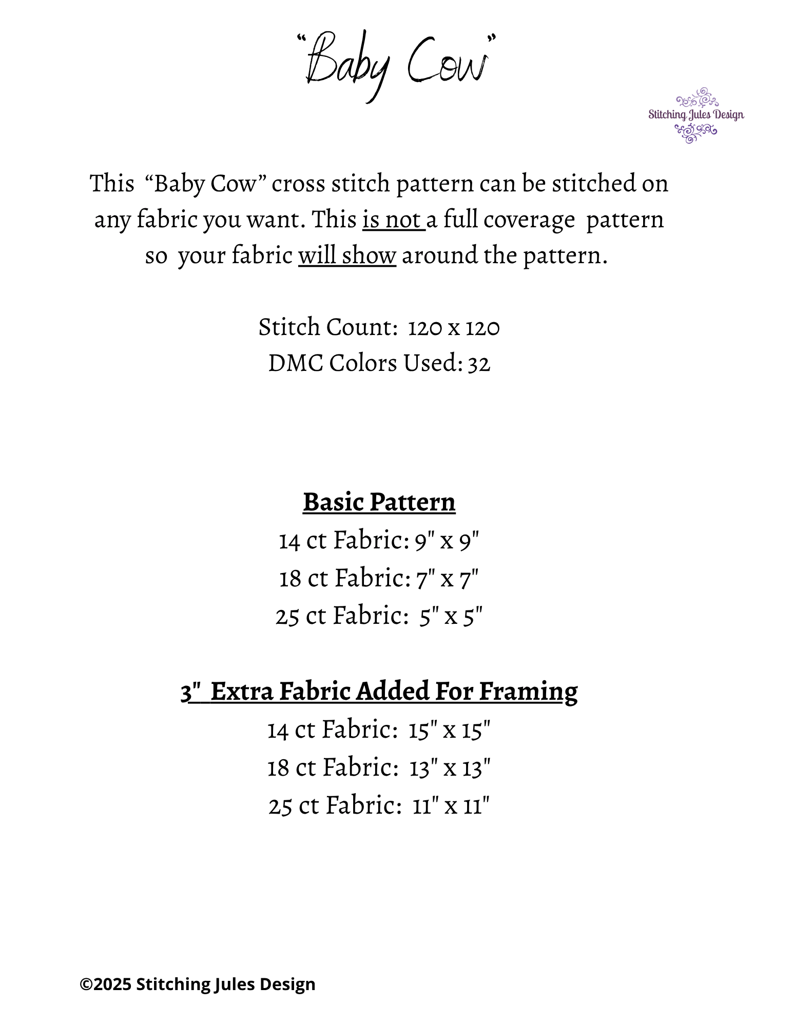 Stitching Jules Design Cross Stitch Pattern Baby Highland Cow Animal Cute Small Counted Cross-Stitch Pattern (Digital Download)