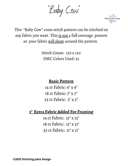 Stitching Jules Design Cross Stitch Pattern Baby Highland Cow Animal Cute Small Counted Cross-Stitch Pattern (Digital Download)