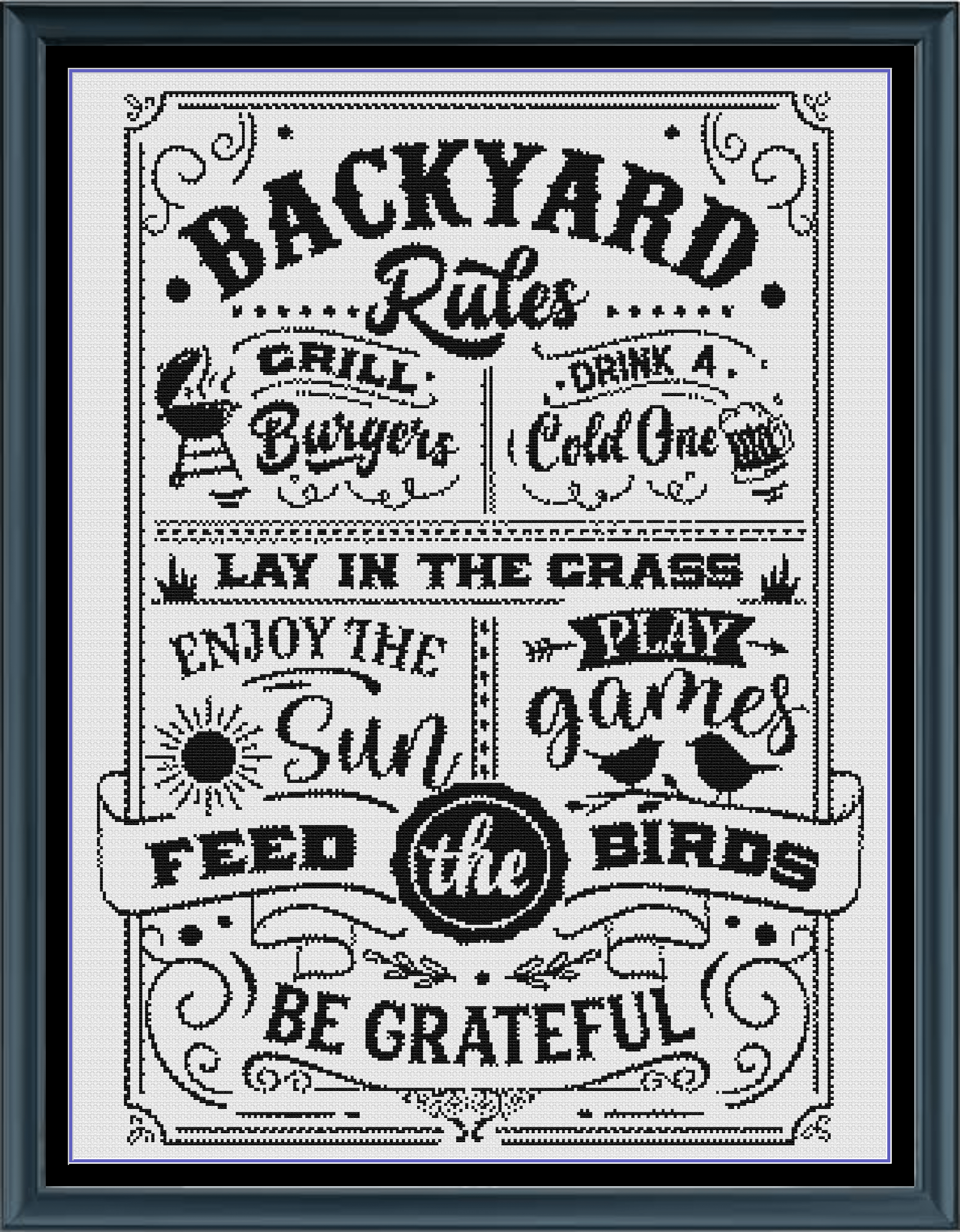 Stitching Jules Design Cross Stitch Pattern Backyard Rules Sign Funny Home BBQ Family Monochrome Counted Cross Stitch Pattern Digital Download