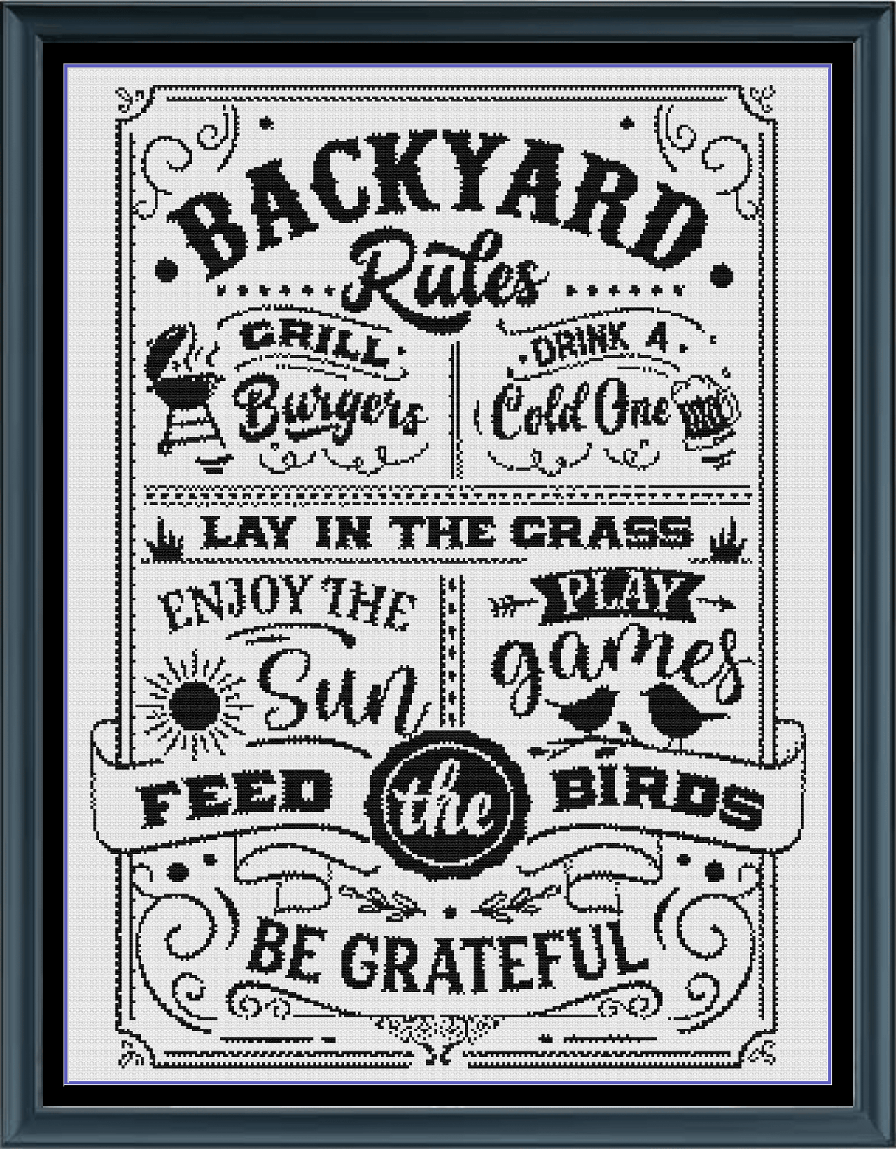 Stitching Jules Design Cross Stitch Pattern Backyard Rules Sign Funny Home BBQ Family Monochrome Counted Cross Stitch Pattern Digital Download