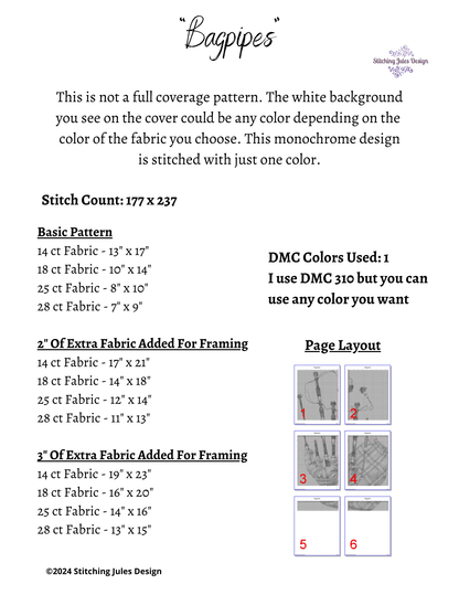 Stitching Jules Design Cross Stitch Pattern Bagpipes Scottish Counted Cross-Stitch Pattern | Monochrome Blackwork | Instant Download PDF