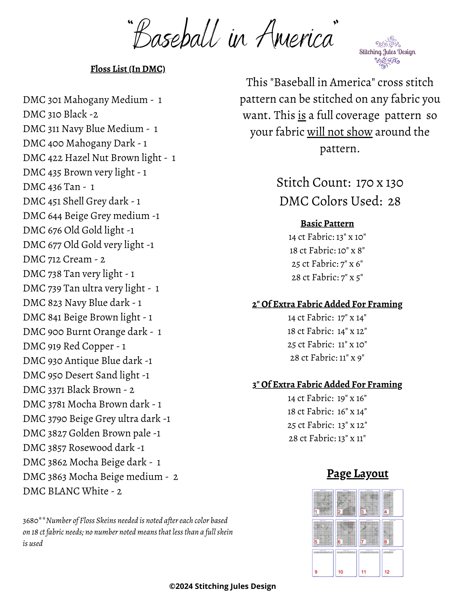 Stitching Jules Design Cross Stitch Pattern Baseball Americana Sports Full Coverage Counted Cross-Stitch Pattern | Instant Download PDF