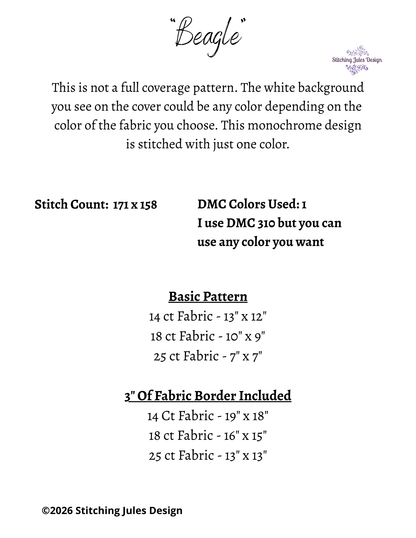 Stitching Jules Design Cross Stitch Pattern Beagle Dog Breed Monochrome Counted Cross-Stitch Pattern (Digital Download)