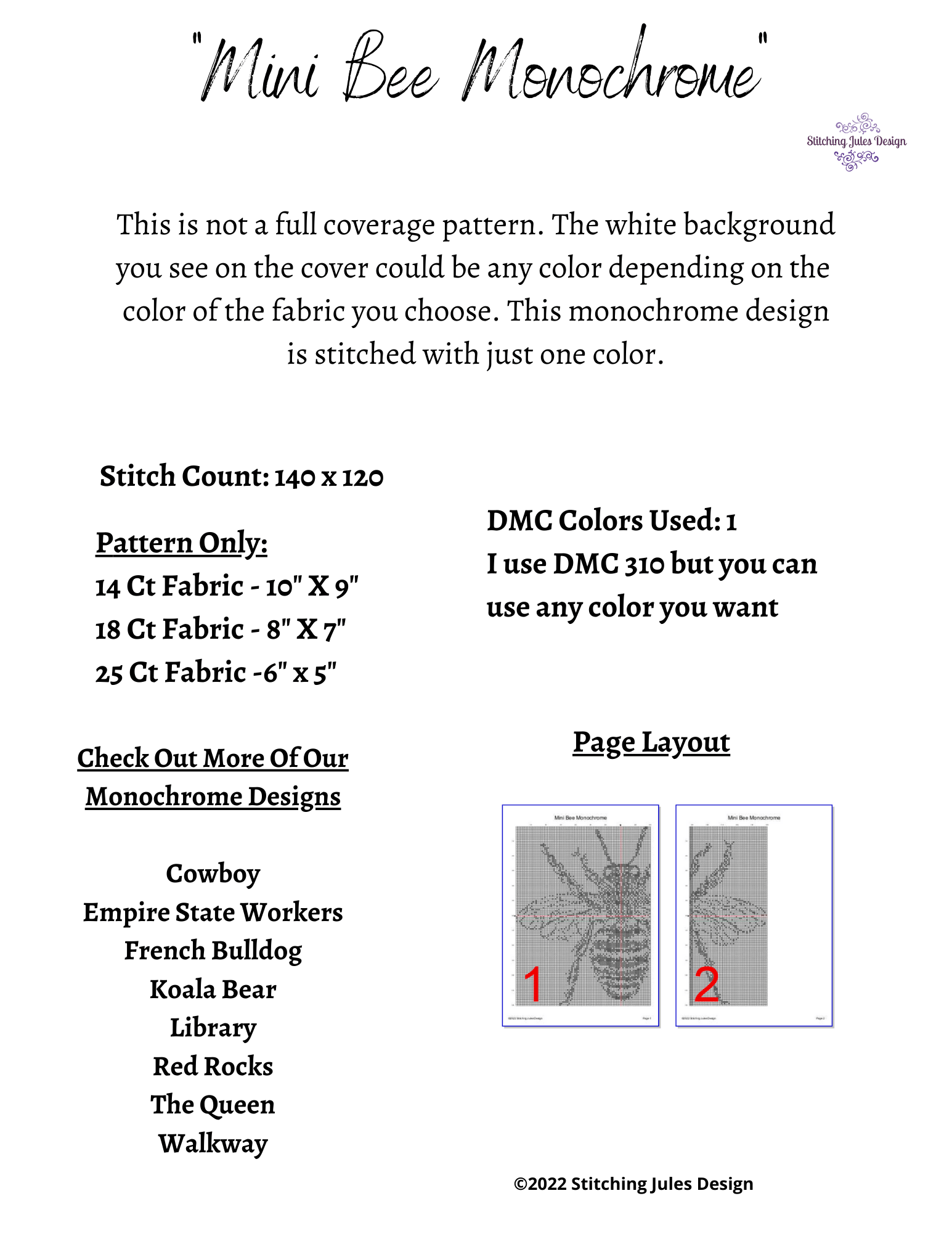 Stitching Jules Design Cross Stitch Pattern Bee Cross Stitch Pattern | Monochrome Cross Stitch | Beginner Cross Stitch Pattern | Physical And Digital Pattern Options