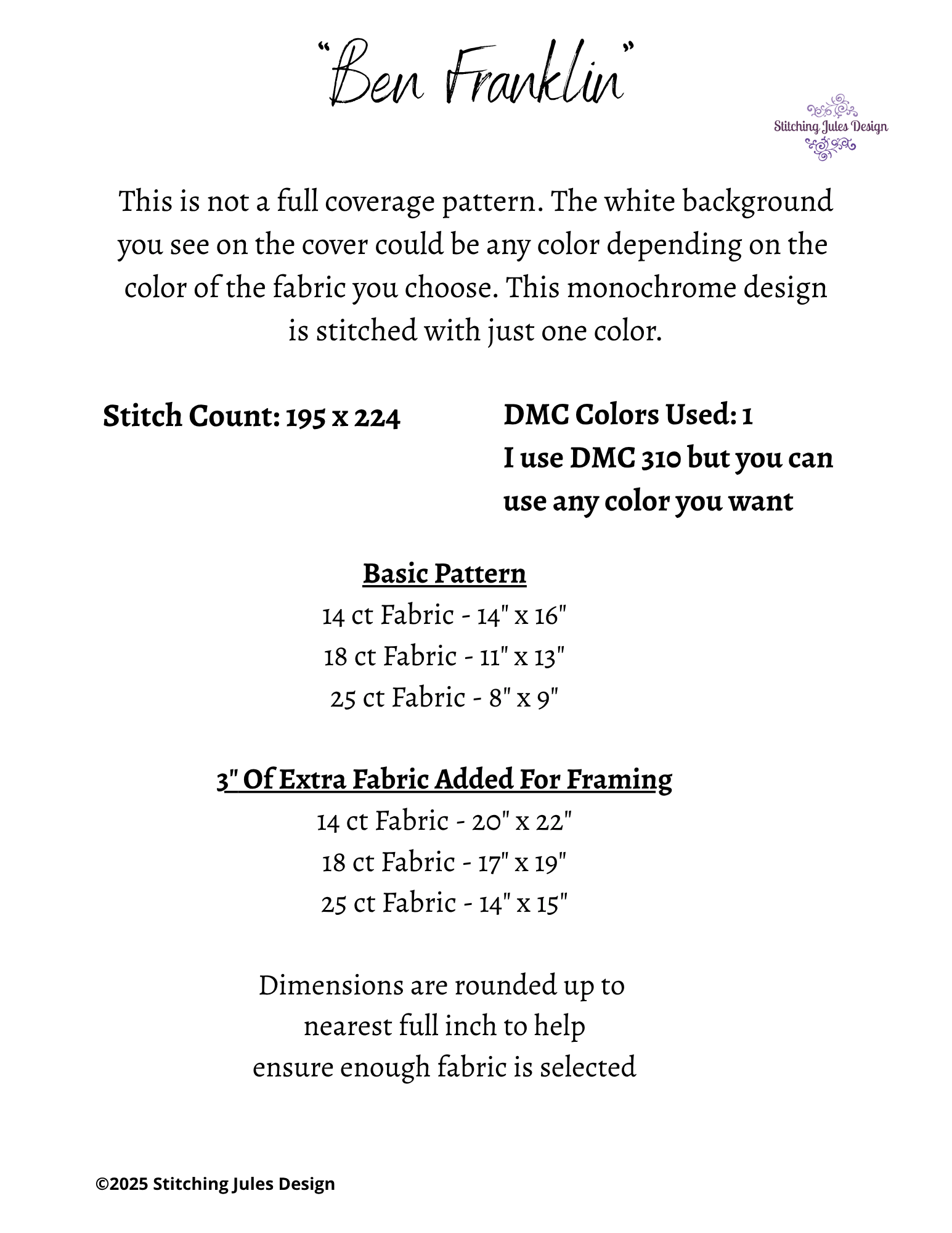 Stitching Jules Design Cross Stitch Pattern Ben Franklin Revolutionary War Monochrome Counted Cross-Stitch Pattern (Digital Download)