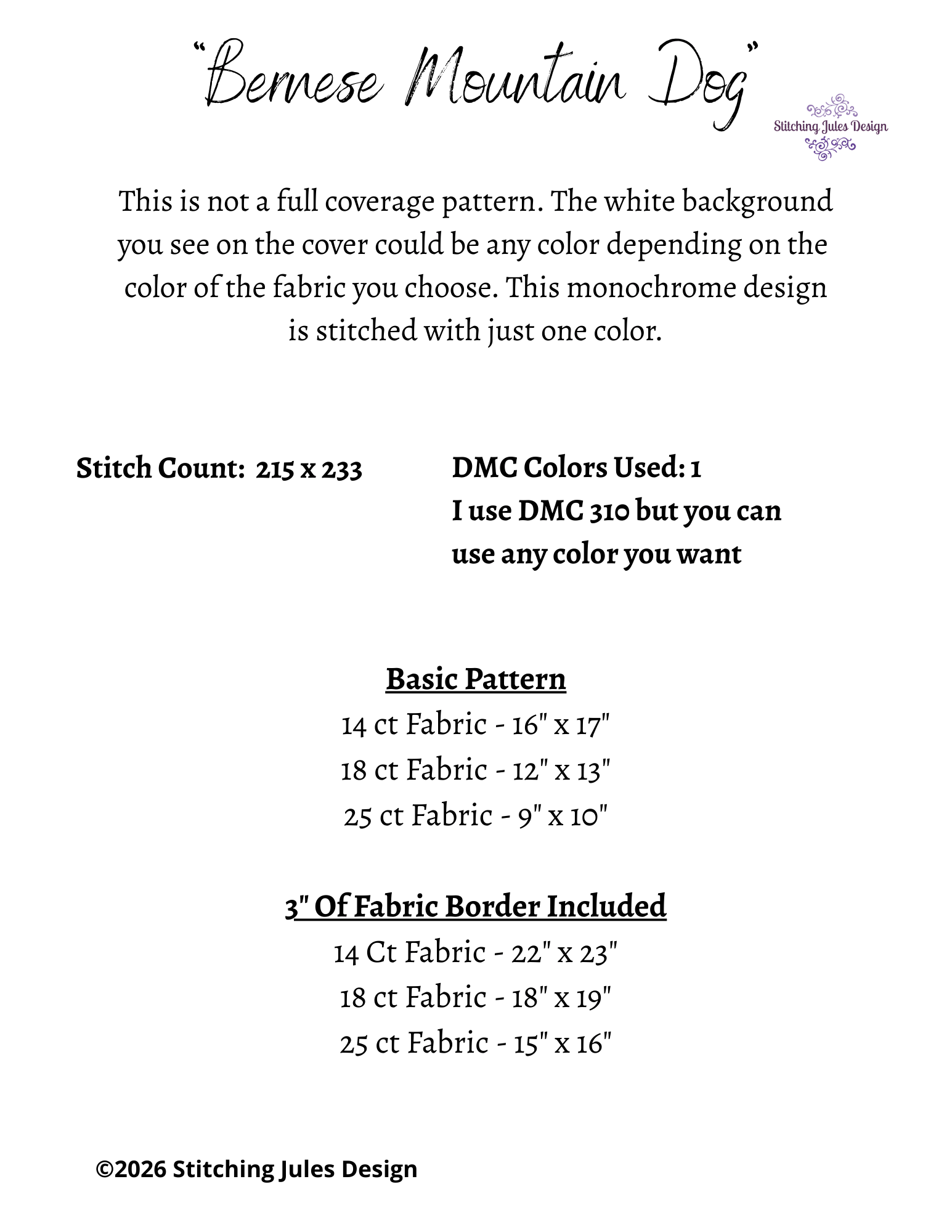 Stitching Jules Design Cross Stitch Pattern Bernese Mountain Dog Monochrome Counted Cross-Stitch Pattern (Digital Download)