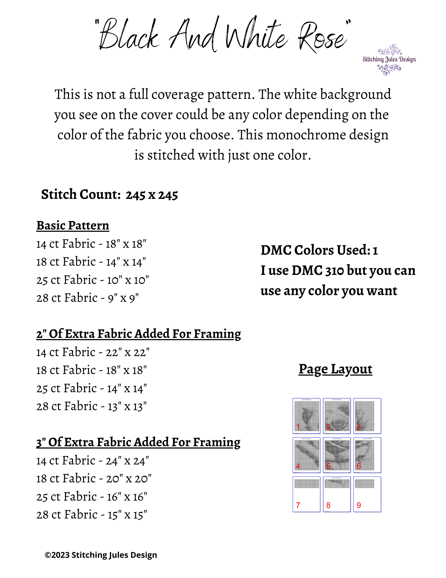 Stitching Jules Design Cross Stitch Pattern Black And White Rose Cross Stitch Pattern Monochrome Instant PDF Download